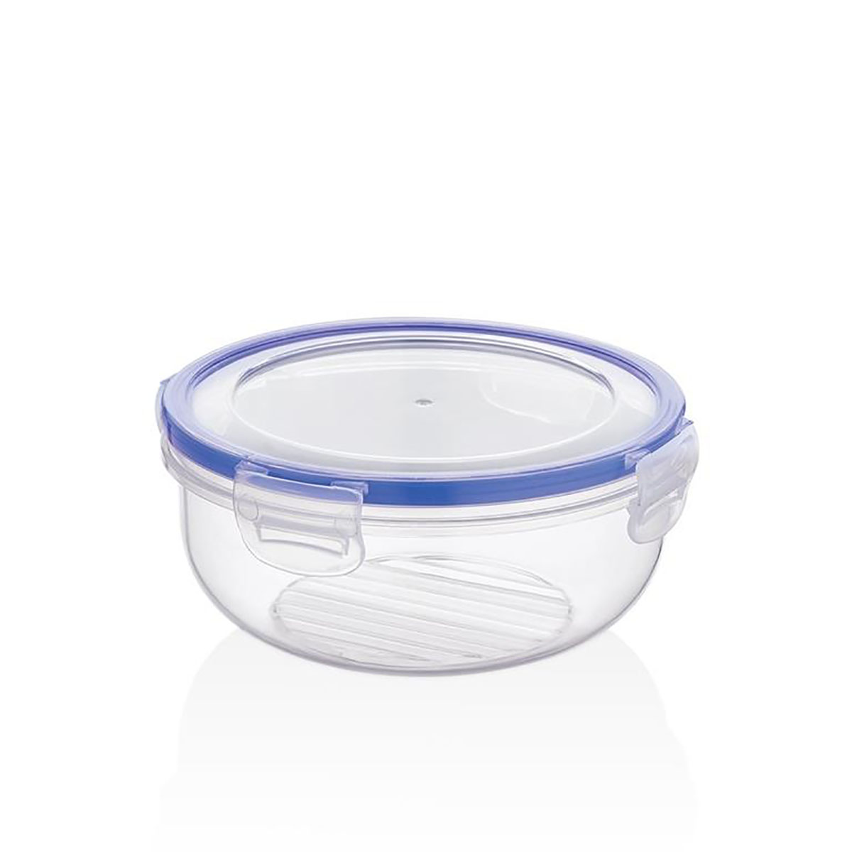 Pote plástico redondo transparente com tampa azul e fechos brancos