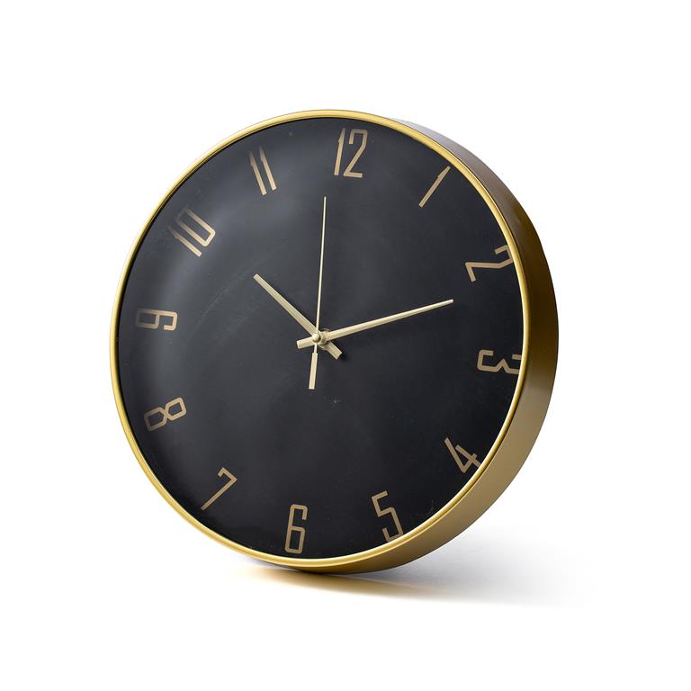 Relógio de parede redondo preto com moldura dourada e números dourados