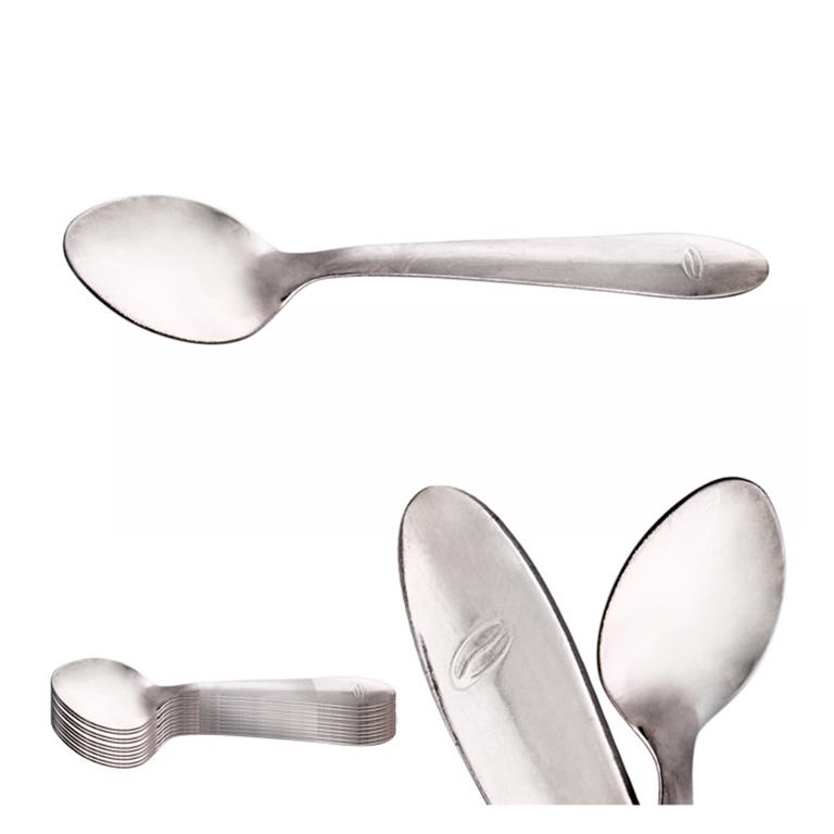Conjunto de colheres de inox prateadas com acabamento mate e detalhe gravado na pega