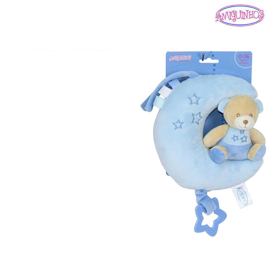 Brinquedo macio azul em forma de lua com urso de peluche azul claro
