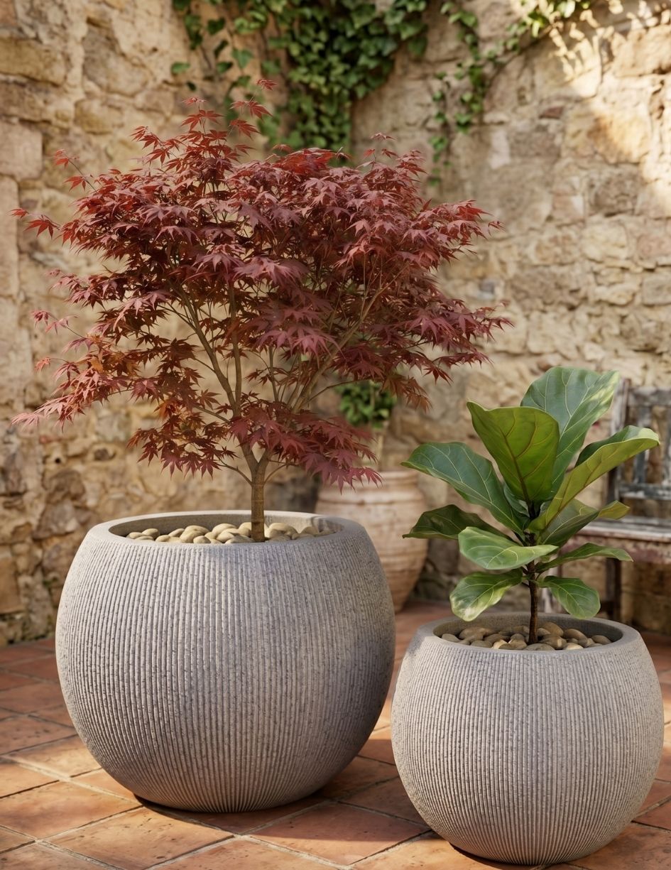 Dois vasos grandes redondos de cerâmica com plantas internas