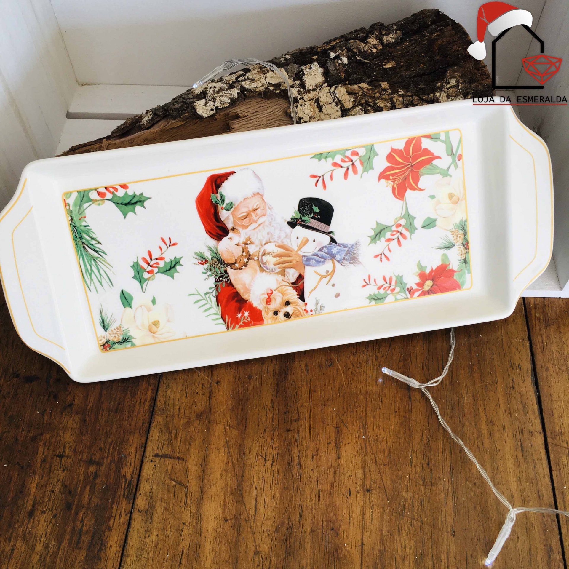 Tabuleiro decorativo natalício com imagem do Pai Natal e boneco de neve