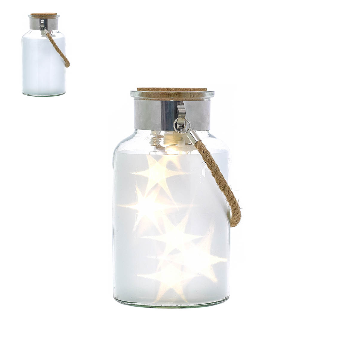 Lanterna de vidro com luzes em forma de estrelas e tampa de cortiça