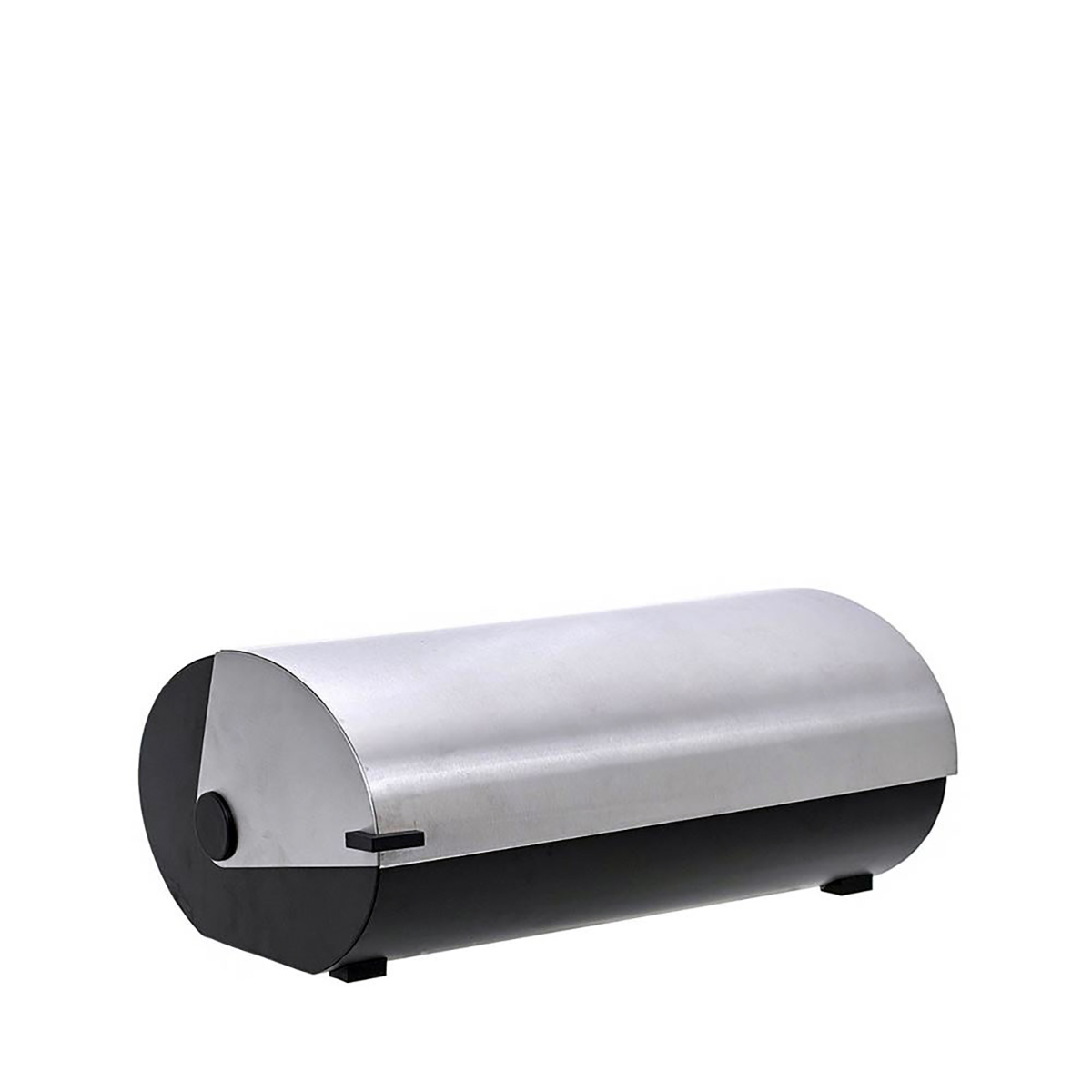 Caixa de pão cilíndrica prateada e preta.