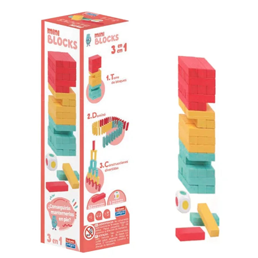 Jogo Mini Blocks 3 em 1 com blocos coloridos empilhados ao lado da caixa
