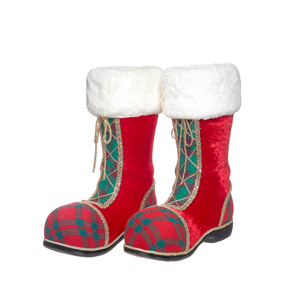 Botas de Natal decorativas em tecido vermelho, xadrez e pelúcia