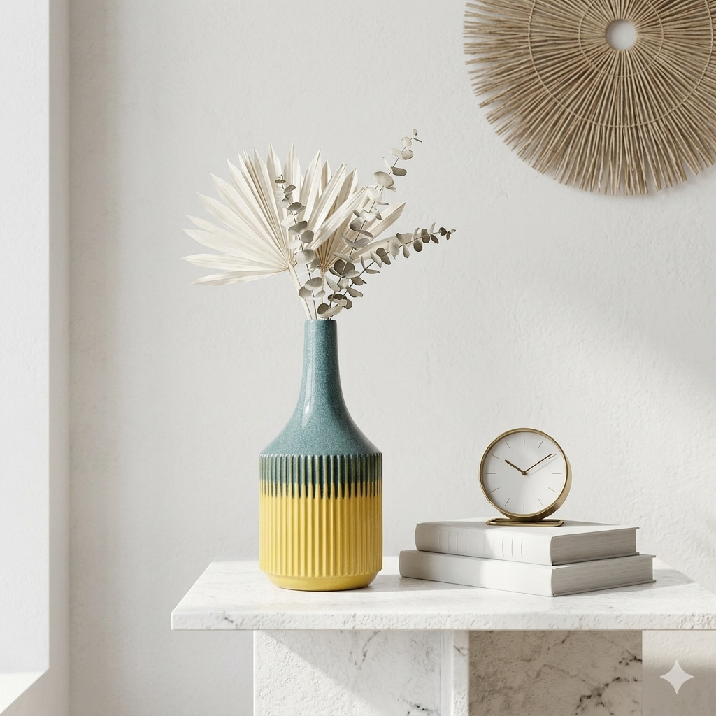 Vaso cerâmico bicolor com plantas secas, relógio dourado e livros sobre mesa branca