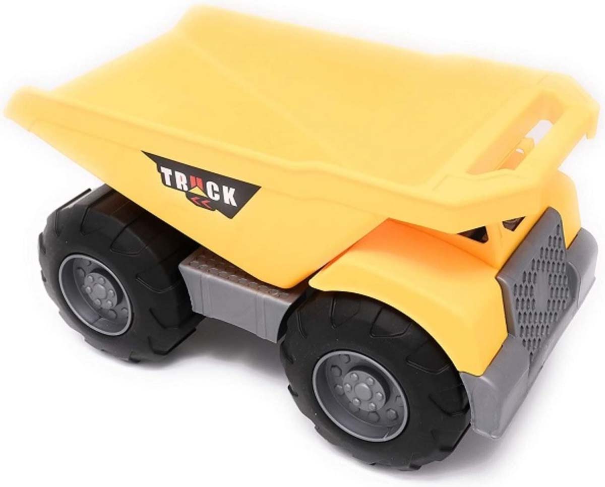 Carrinho de brinquedo amarelo com rodas pretas e amarelo e cinzento