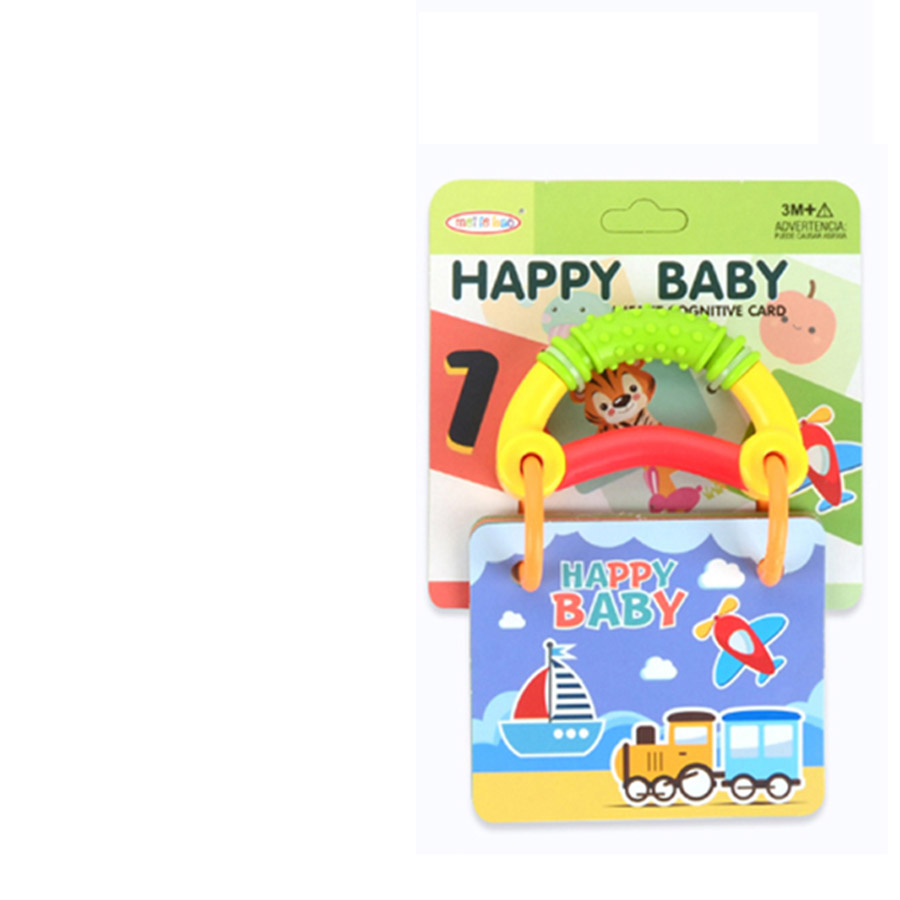 Cartão educativo infantil colorido com comboio, barco e planeta pendurado numa pega de plástico com embalagem