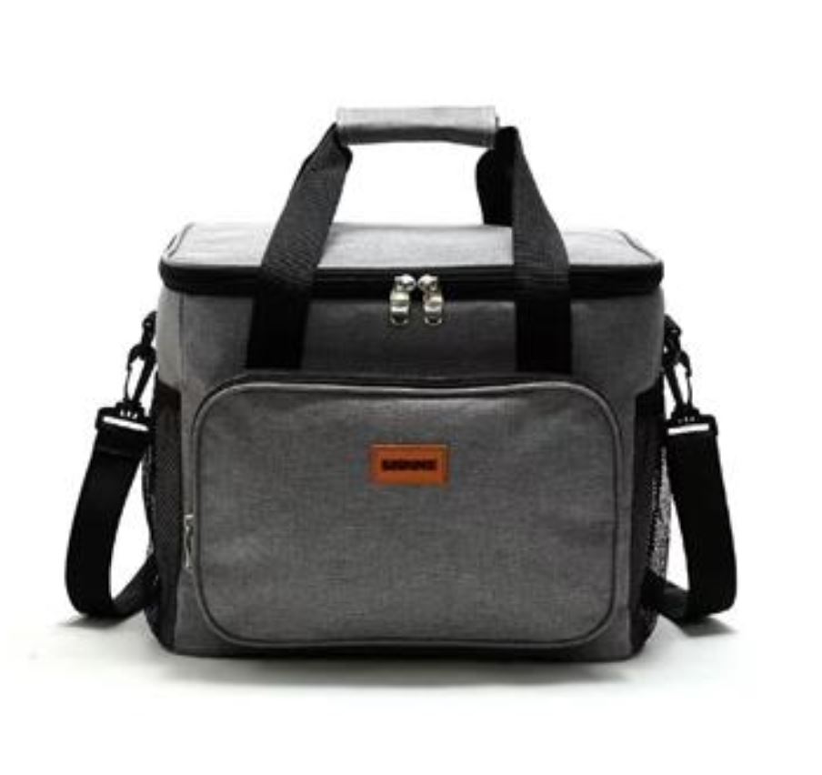 Mala térmica cinzenta com alças pretas e bolso frontal.