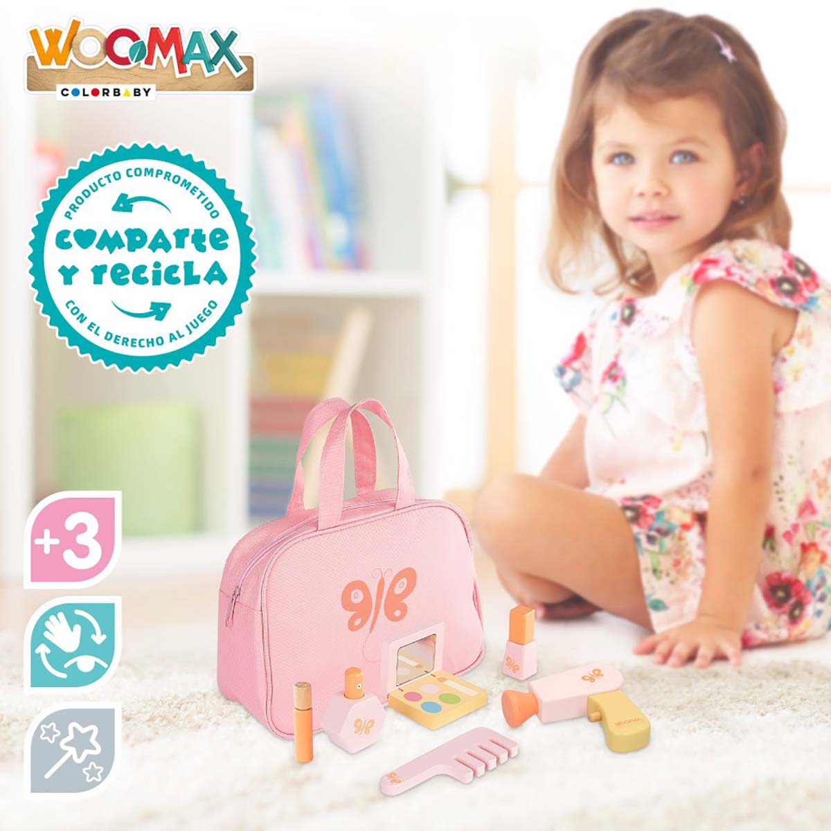 Bolsa rosa de brinquedo com cosméticos de madeira e criança ao fundo
