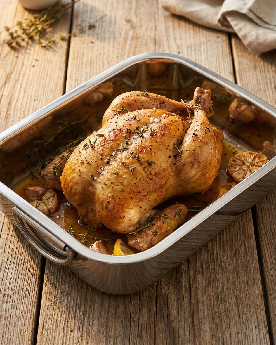 Frango assado temperado em tabuleiro metálico sobre mesa de madeira