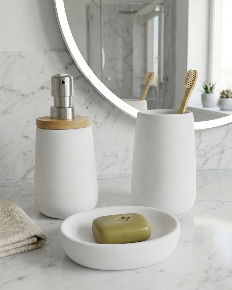 Conjunto de acessórios brancos de casa de banho em cerâmica com escovas de dentes de madeira e sabonete verde.