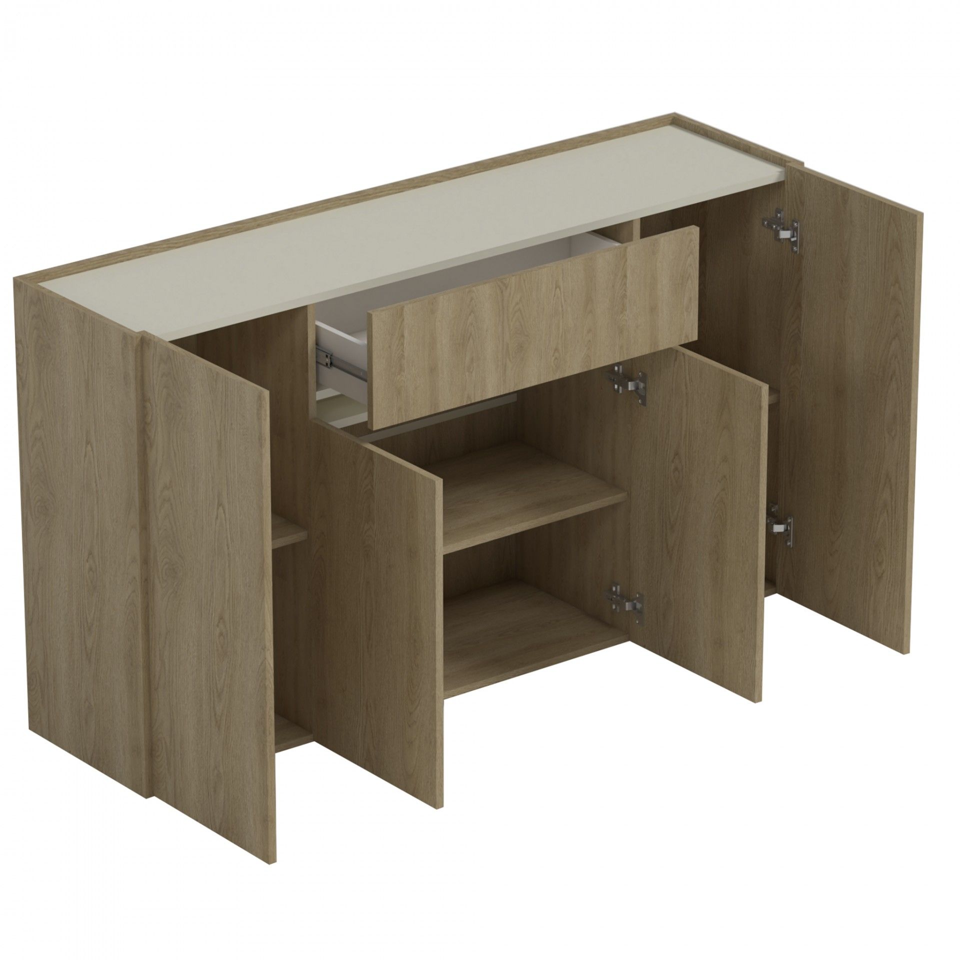 Aparador de madeira clara com portas e gaveta abertas