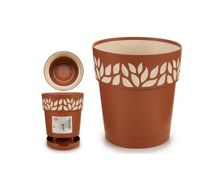 Conjunto de vasos de flores castanhos com padrão de folhas brancas