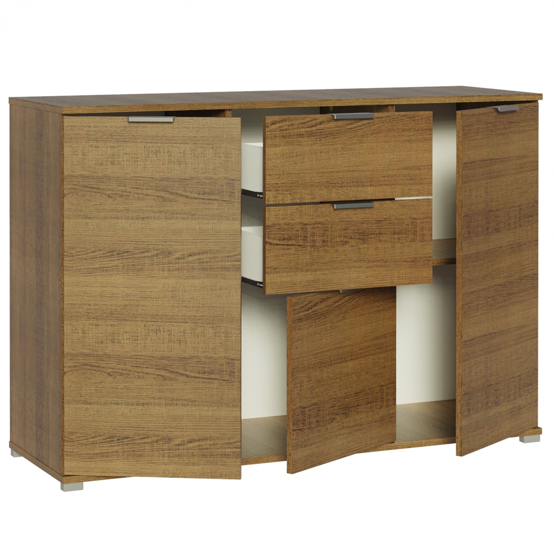 Móvel de madeira castanha com portas e gavetas parcialmente abertas