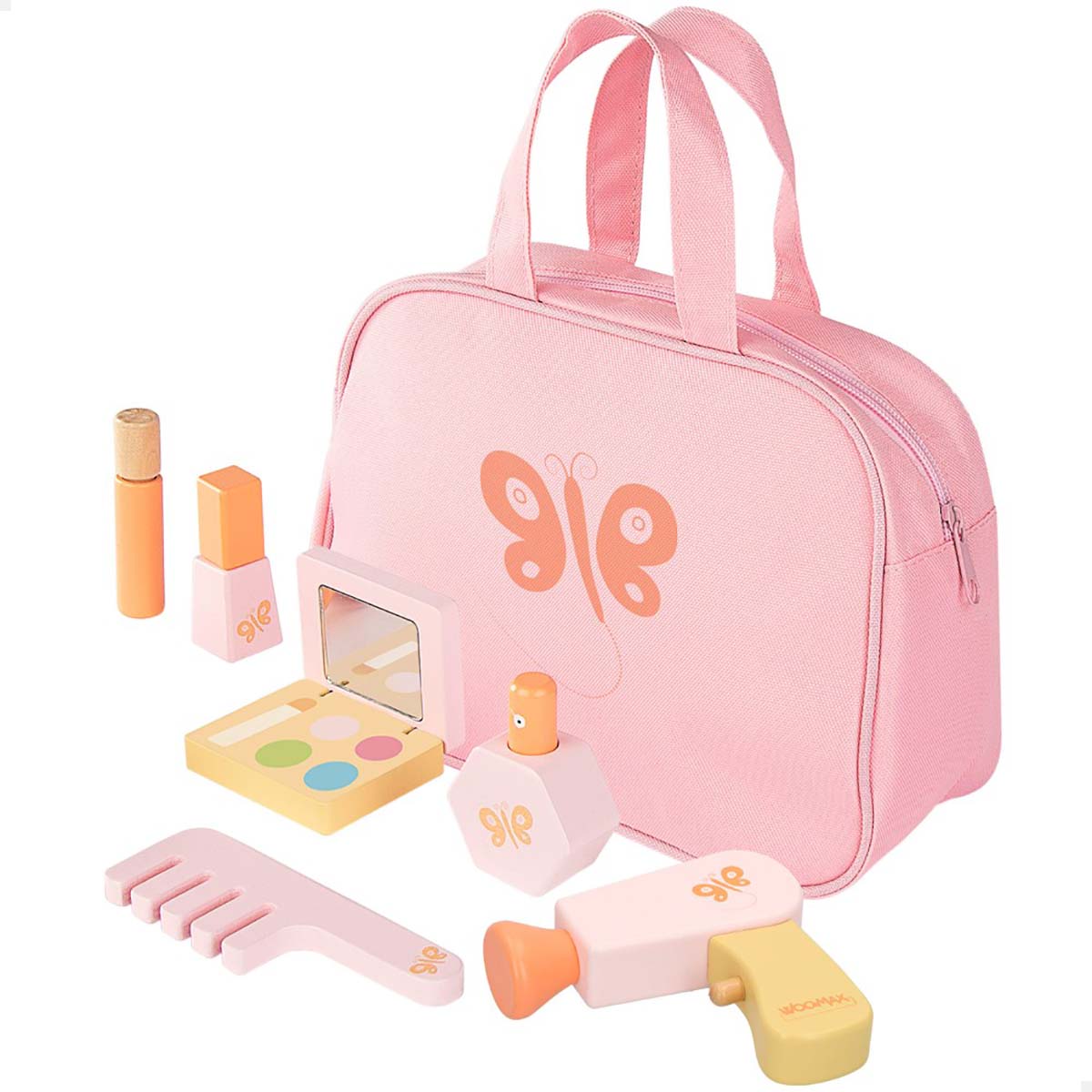 Conjunto de acessórios de maquilhagem infantil em madeira com bolsa rosa e pormenores em laranja