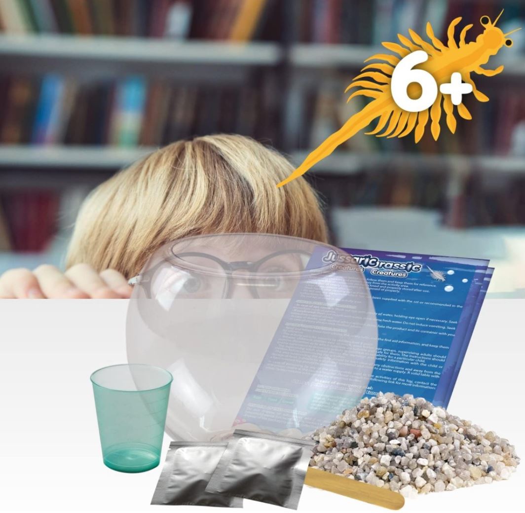 conjunto de ecossistema com recipiente transparente, pedras, pacotes e copo, criança ao fundo