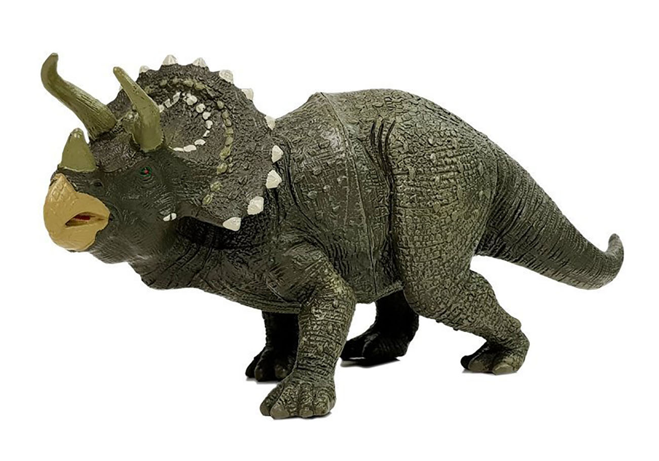 Figura verde escura de dinossauro triceratops com textura rugosa