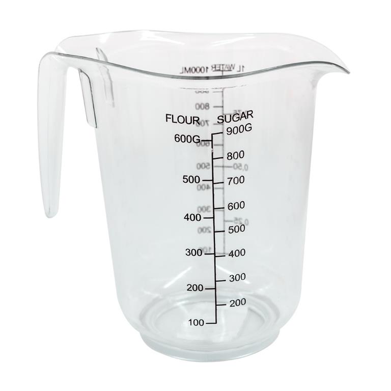Jarro medidor transparente de plástico com marcações em preto para farinha e açúcar