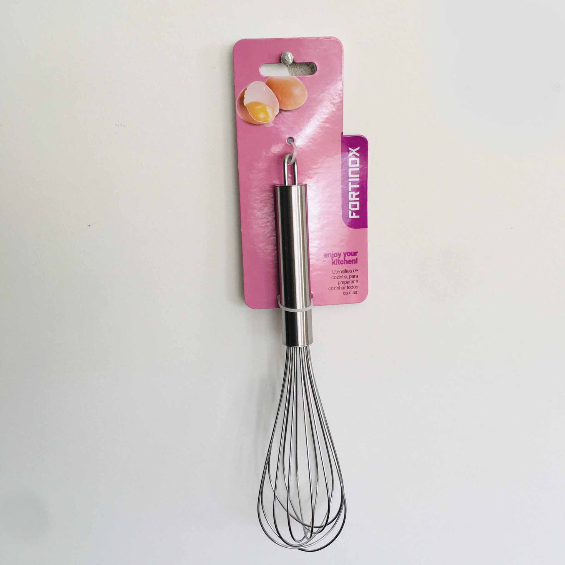 Batedor de claras em aço inoxidável com embalagem rosa