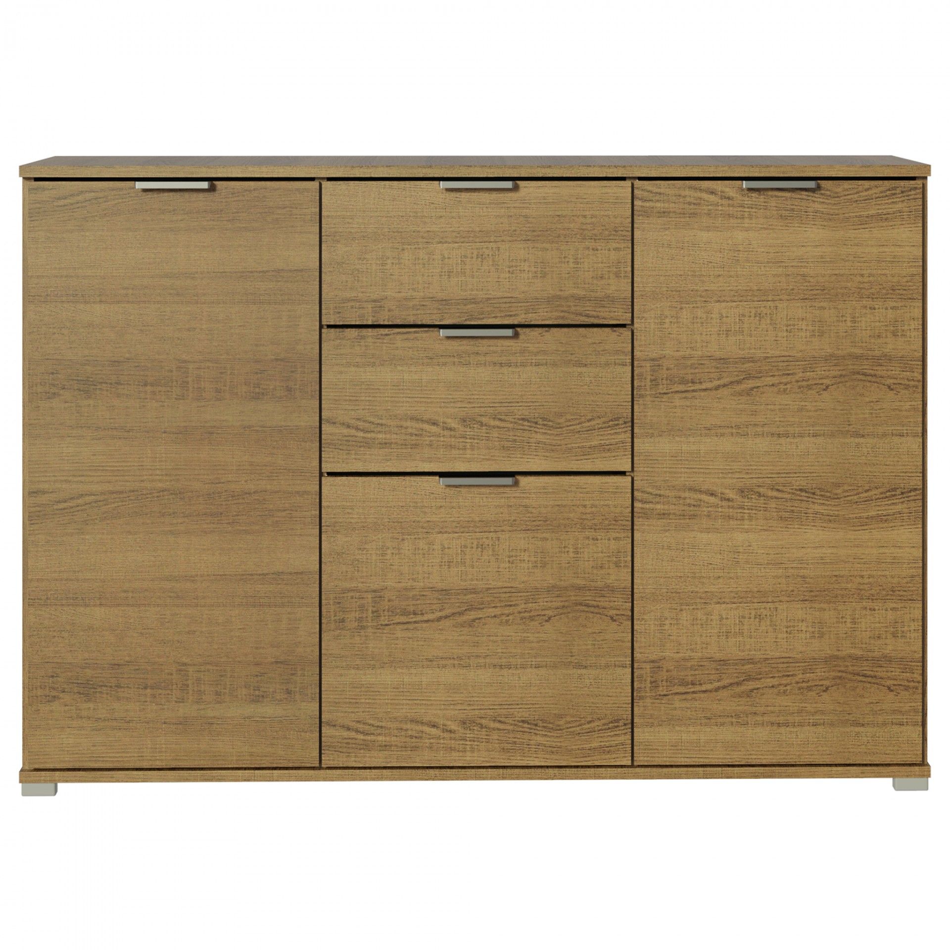 Móvel arrumação madeira clara com portas e gavetas