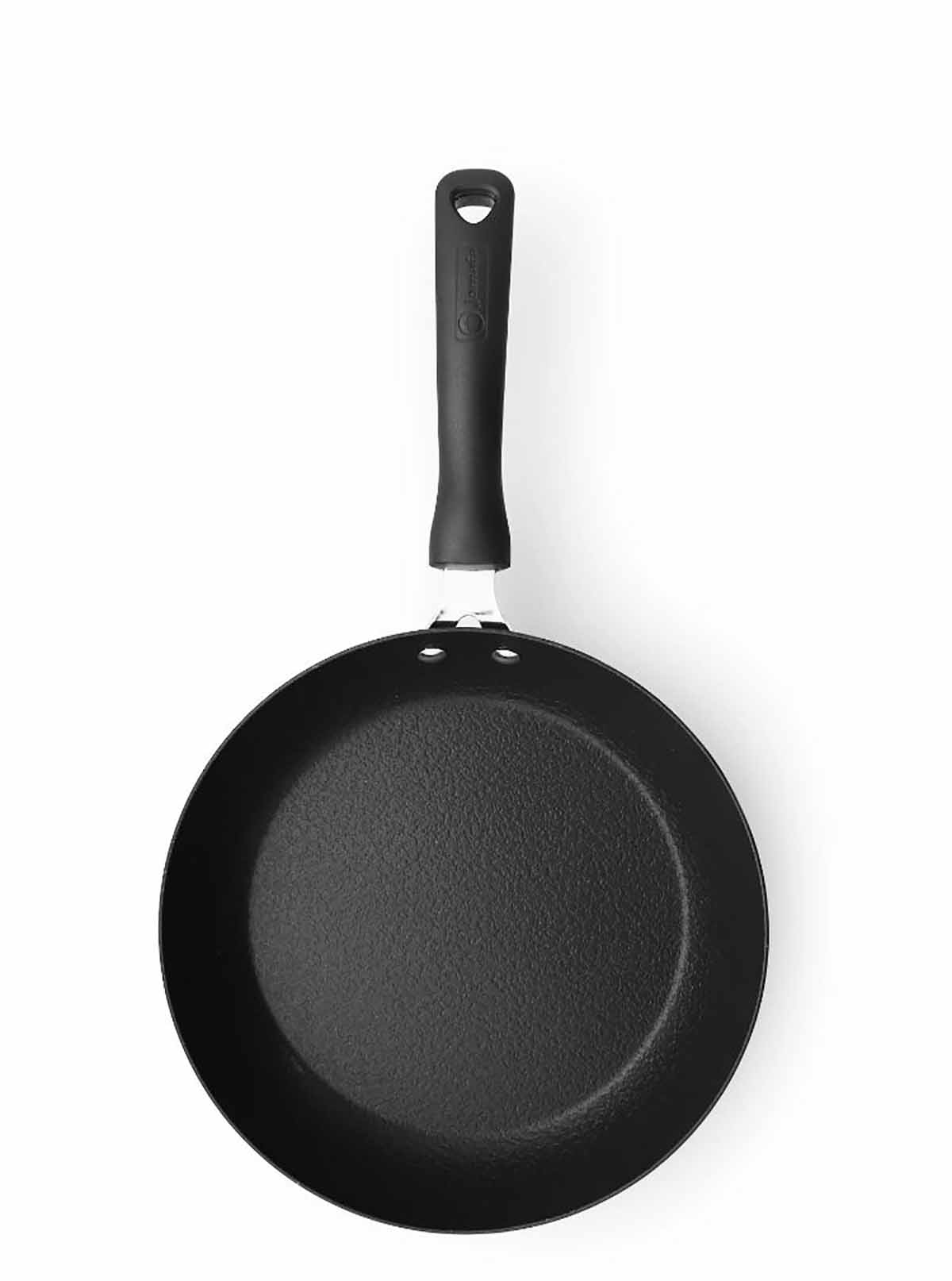 Frigideira preta com cabo preto e superfície texturizada.