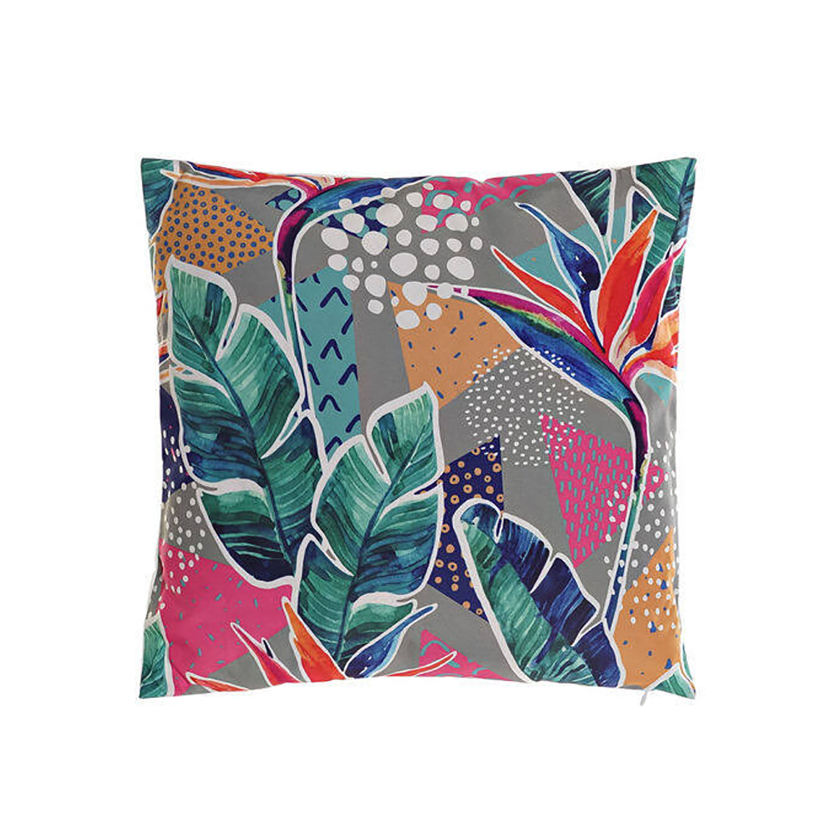 Almofada quadrada colorida com padrão de folhas e flores