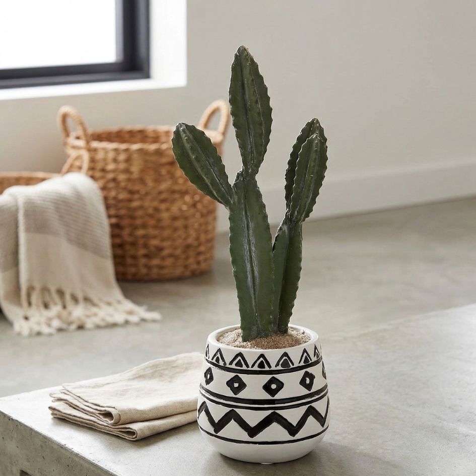 Vaso decorativo com cacto verde e padrões pretos em ambiente minimalista.