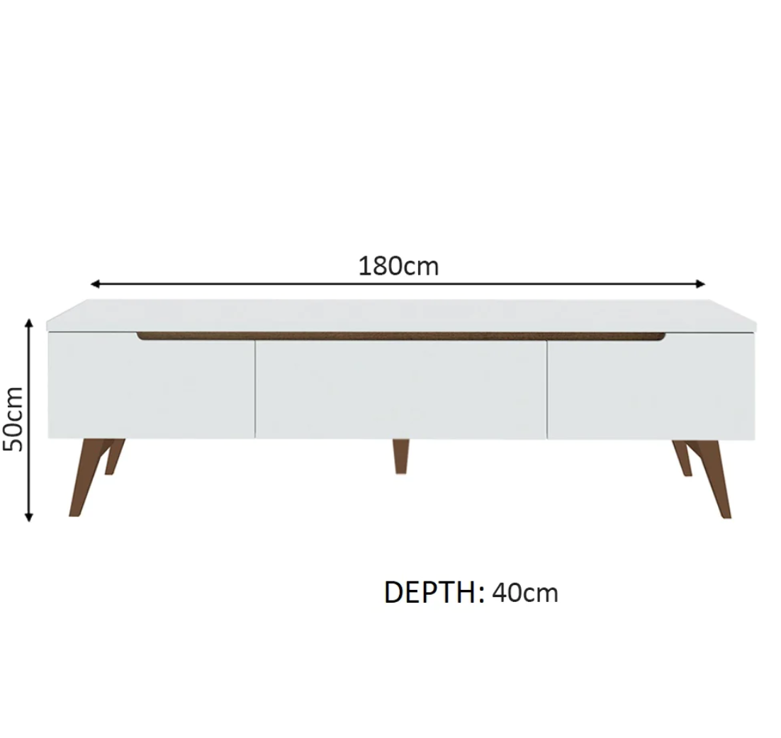 Móvel de televisão branco com detalhes e pernas em madeira castanha