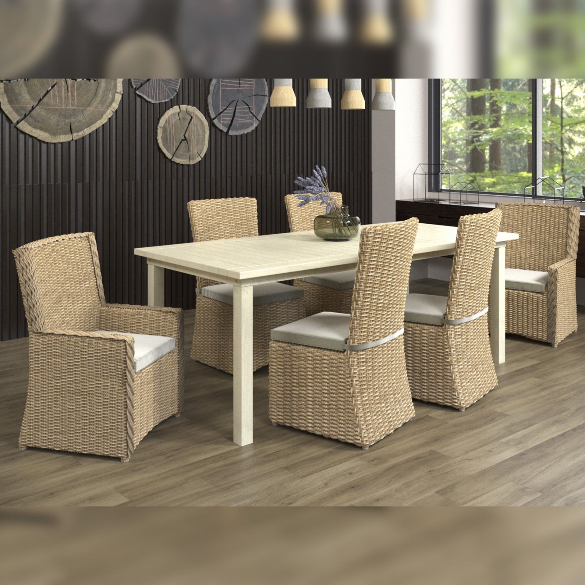 Mesa retangular de madeira clara com seis cadeiras de vime com almofadas brancas