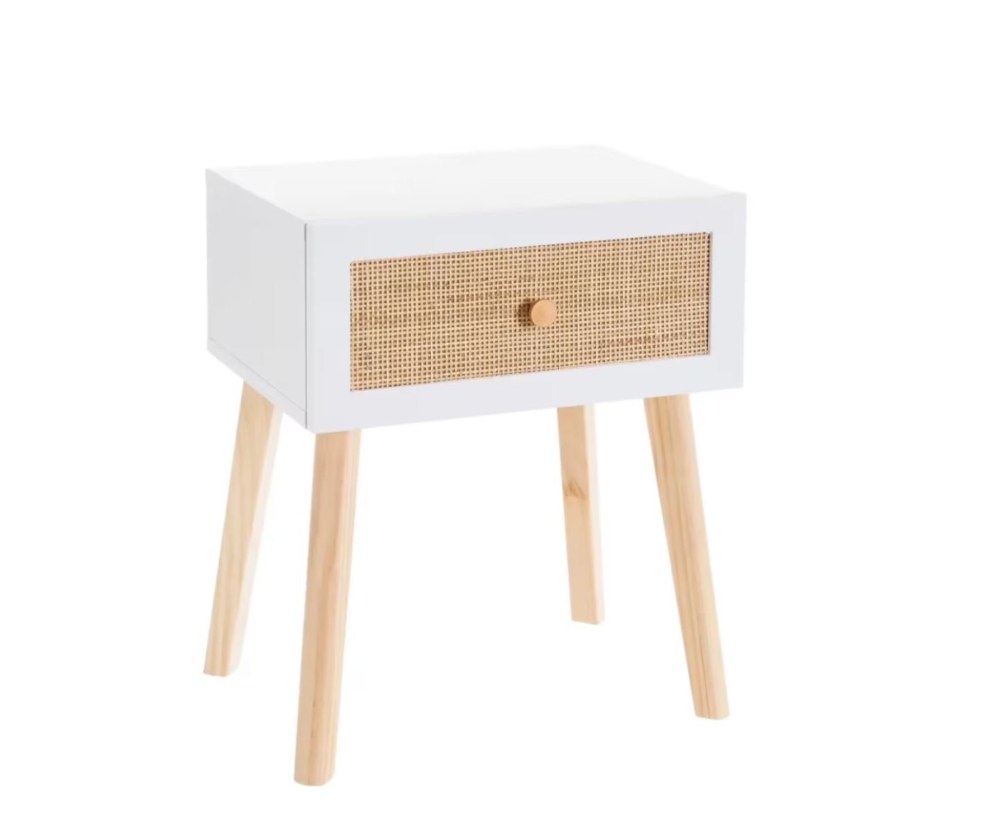Mesa de apoio branca com gaveta em vime e pernas em madeira clara