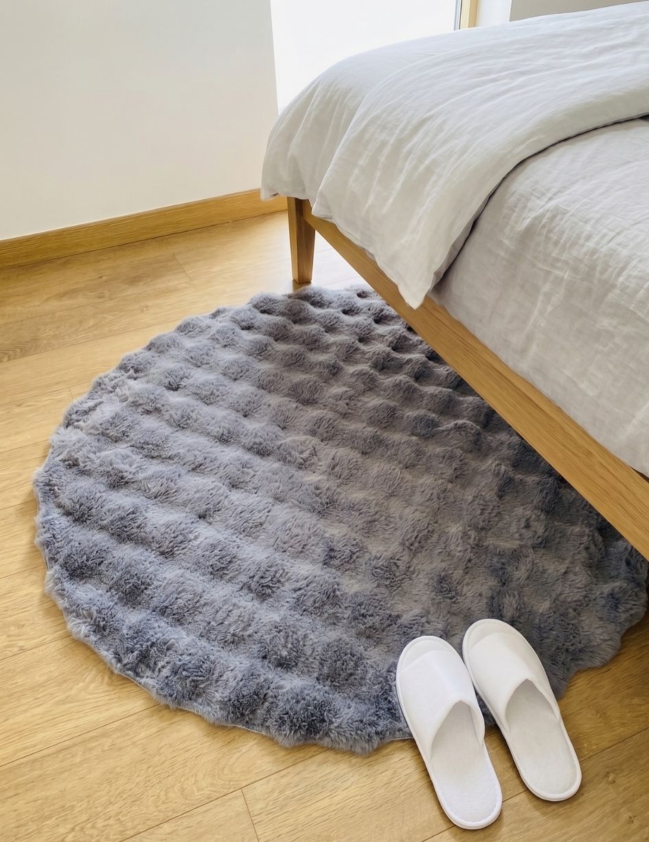 Tapete redondo cinzento felpudo ao lado de cama de madeira clara com roupa de cama branca e chinelos brancos no chão de madeira