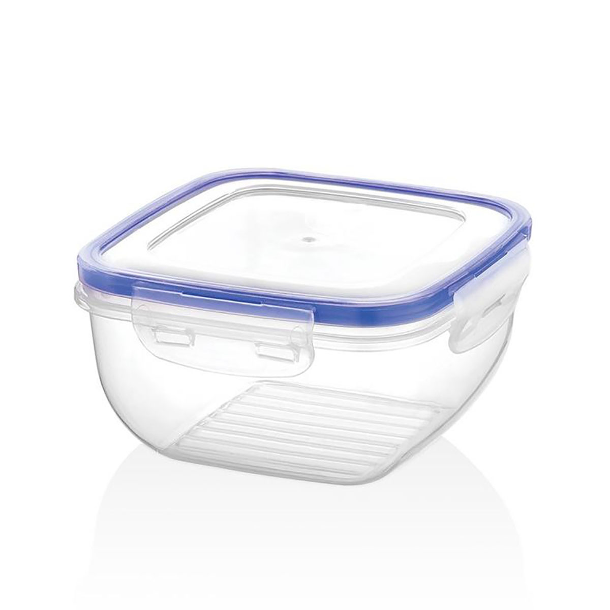 Recipiente transparente de plástico com tampa azul e fechos laterais