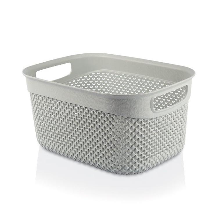 Cesto retangular cinza com textura trançada e alças laterais