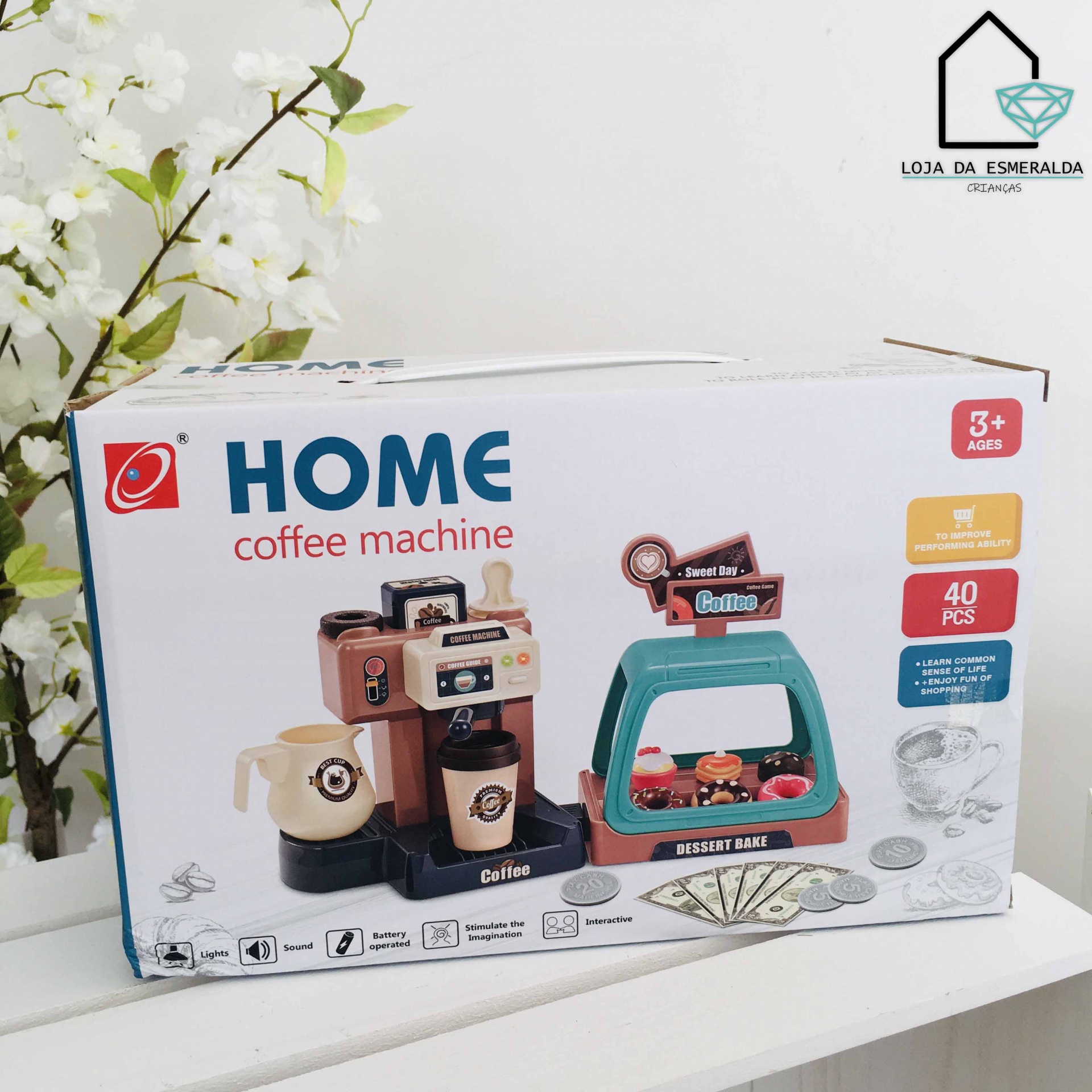 Caixa de brinquedo máquina de café e expositor de sobremesas em plástico