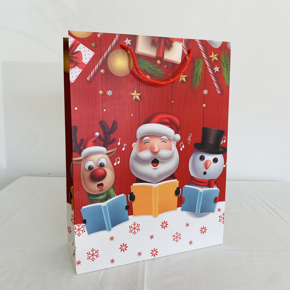 Saco de presente de Natal com desenho de rena, Pai Natal e boneco de neve cantando