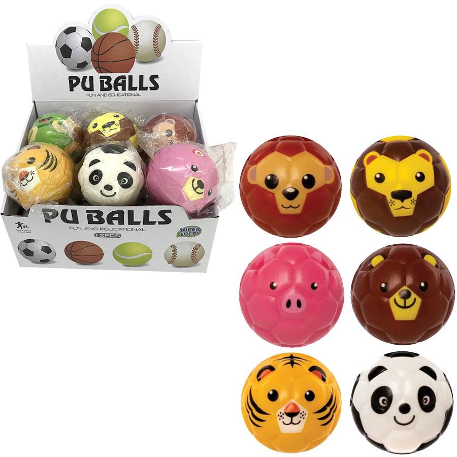 Bolas decorativas em PU com faces de animais em caixa com texto PU BALLS