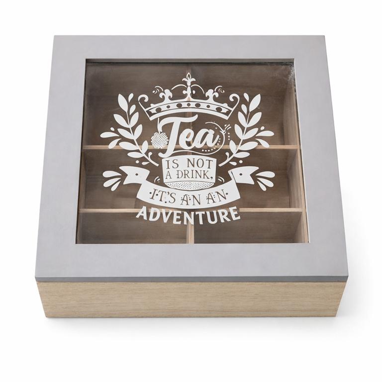 Caixa organizadora de chá em madeira com tampa de vidro e inscrição decorativa