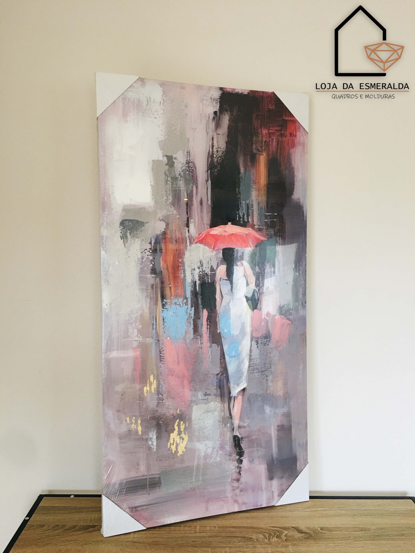 Tela de pintura abstrata com mulher e guarda-chuva vermelho