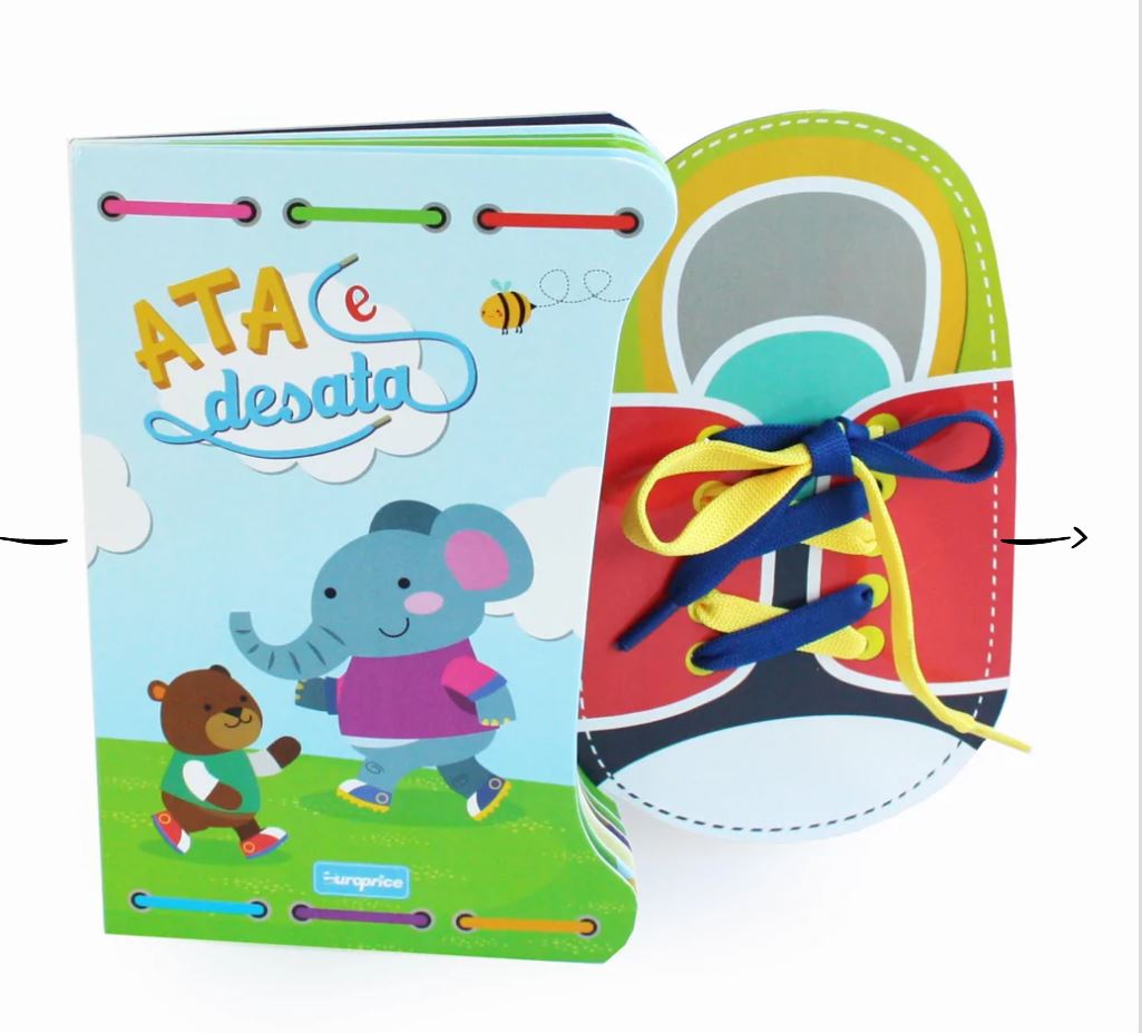 Livro infantil colorido com capa ilustrada e página em formato de sapato com cadarços azuis e amarelos