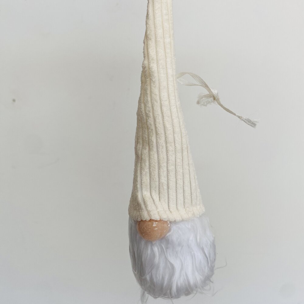 Figura decorativa de Natal com barba branca, nariz de madeira e chapéu creme pendurada