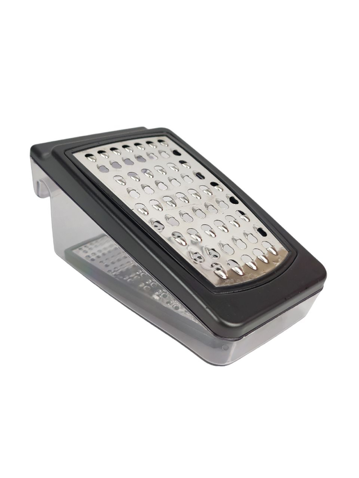 Ralador de cozinha com recipiente transparente.