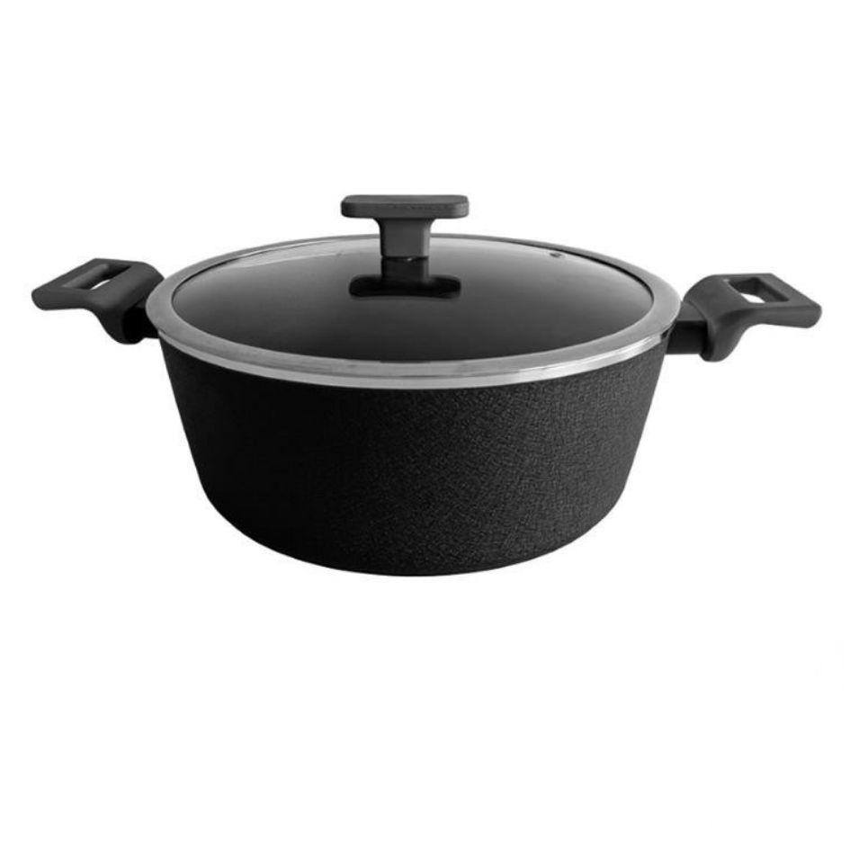 Caçarola preta com tampa de vidro e alças laterais pretas