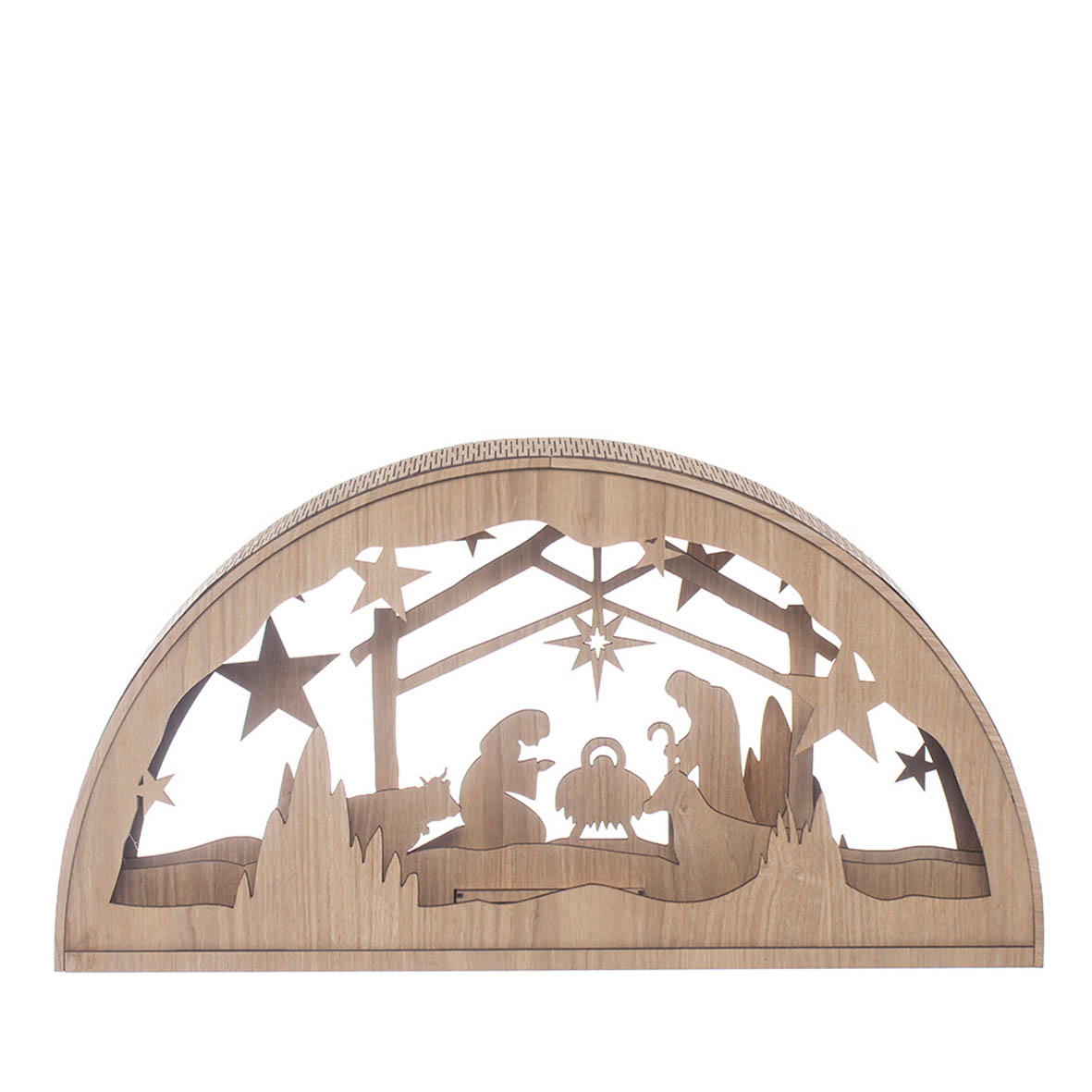 Presépio de madeira recortada semicircular com figuras de nascimento de Jesus