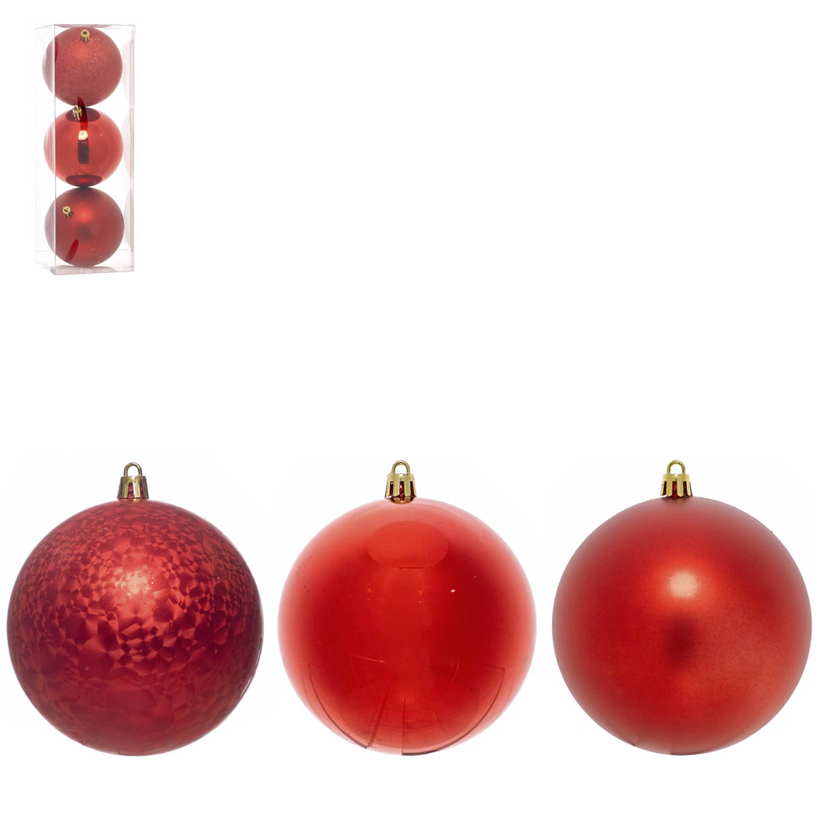 Três bolas de Natal vermelhas com diferentes texturas em fundo branco