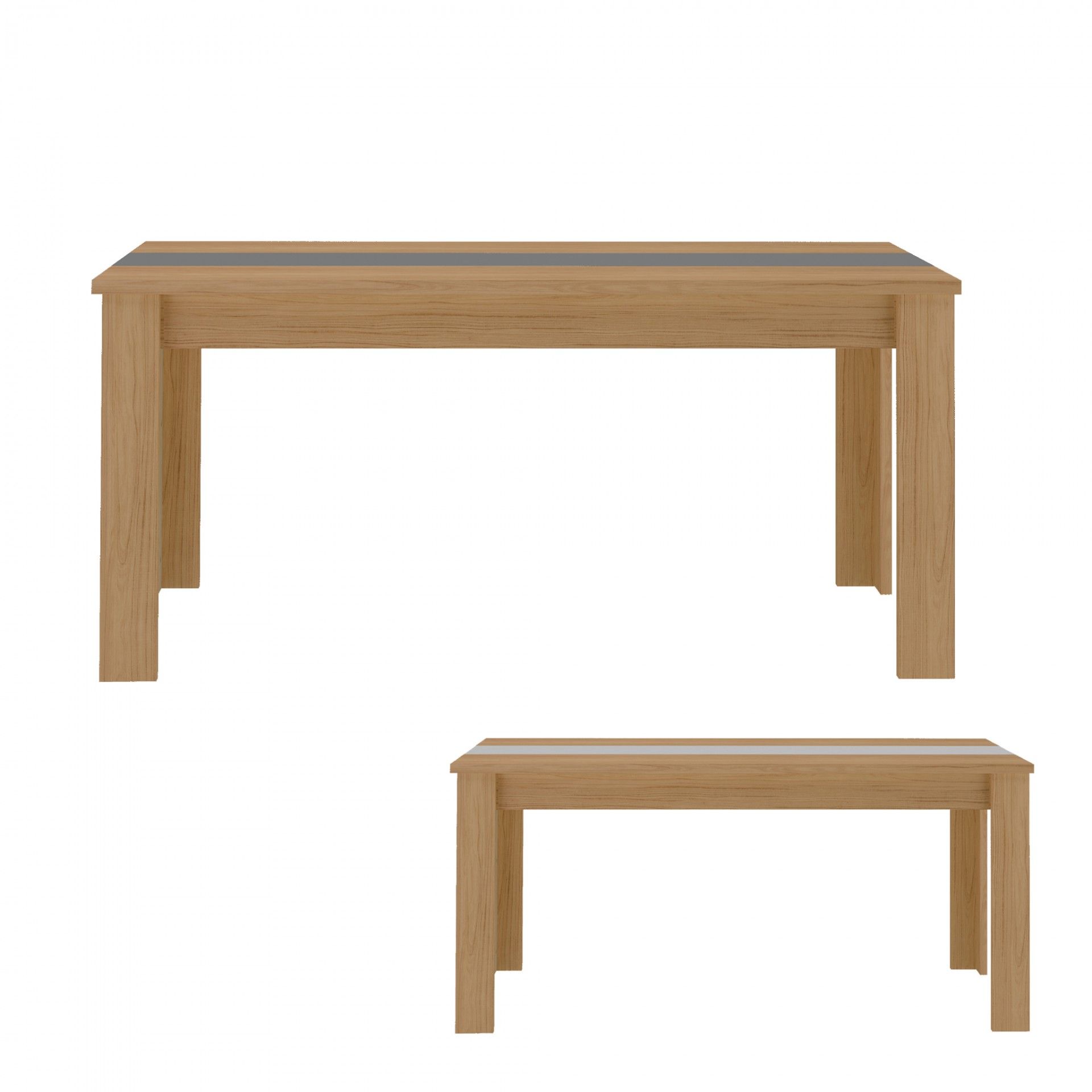 Mesa retangular de madeira clara com tampo cinza sobre fundo branco