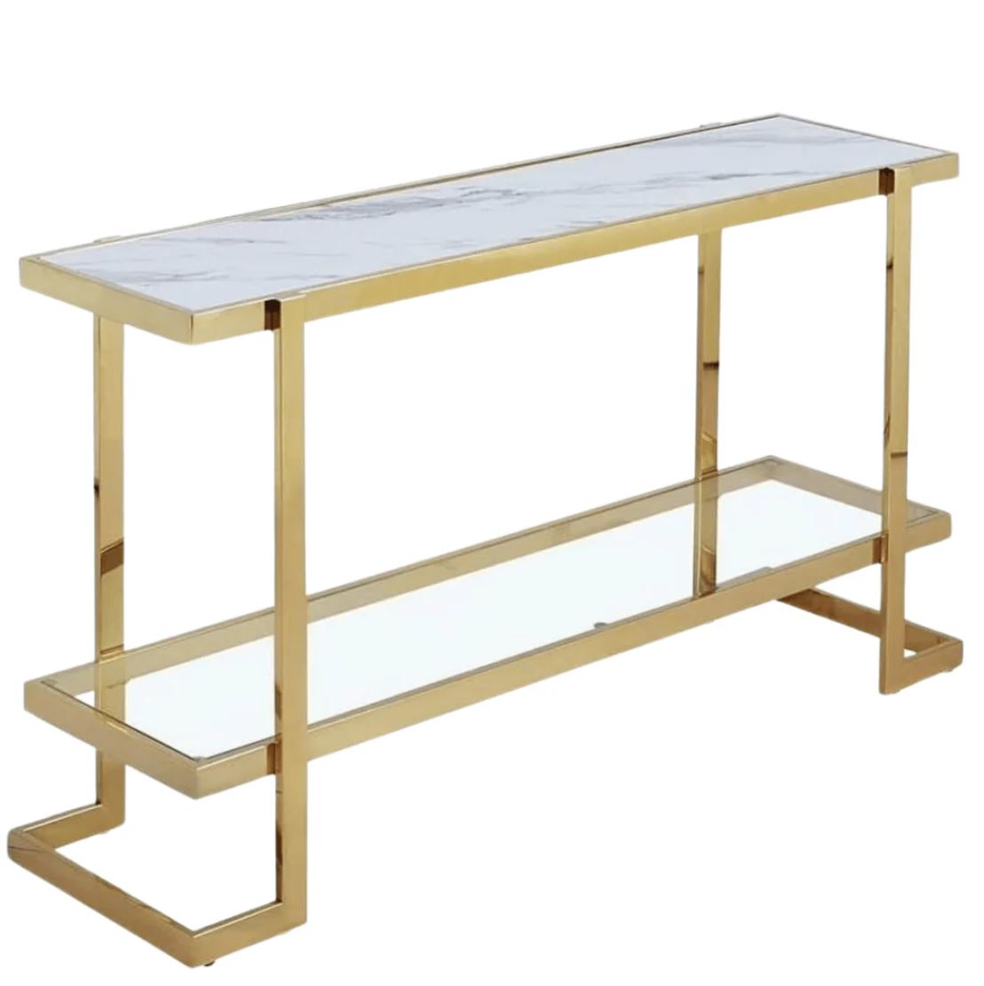 Mesa consola dourada com tampo de mármore branco e prateleira de vidro