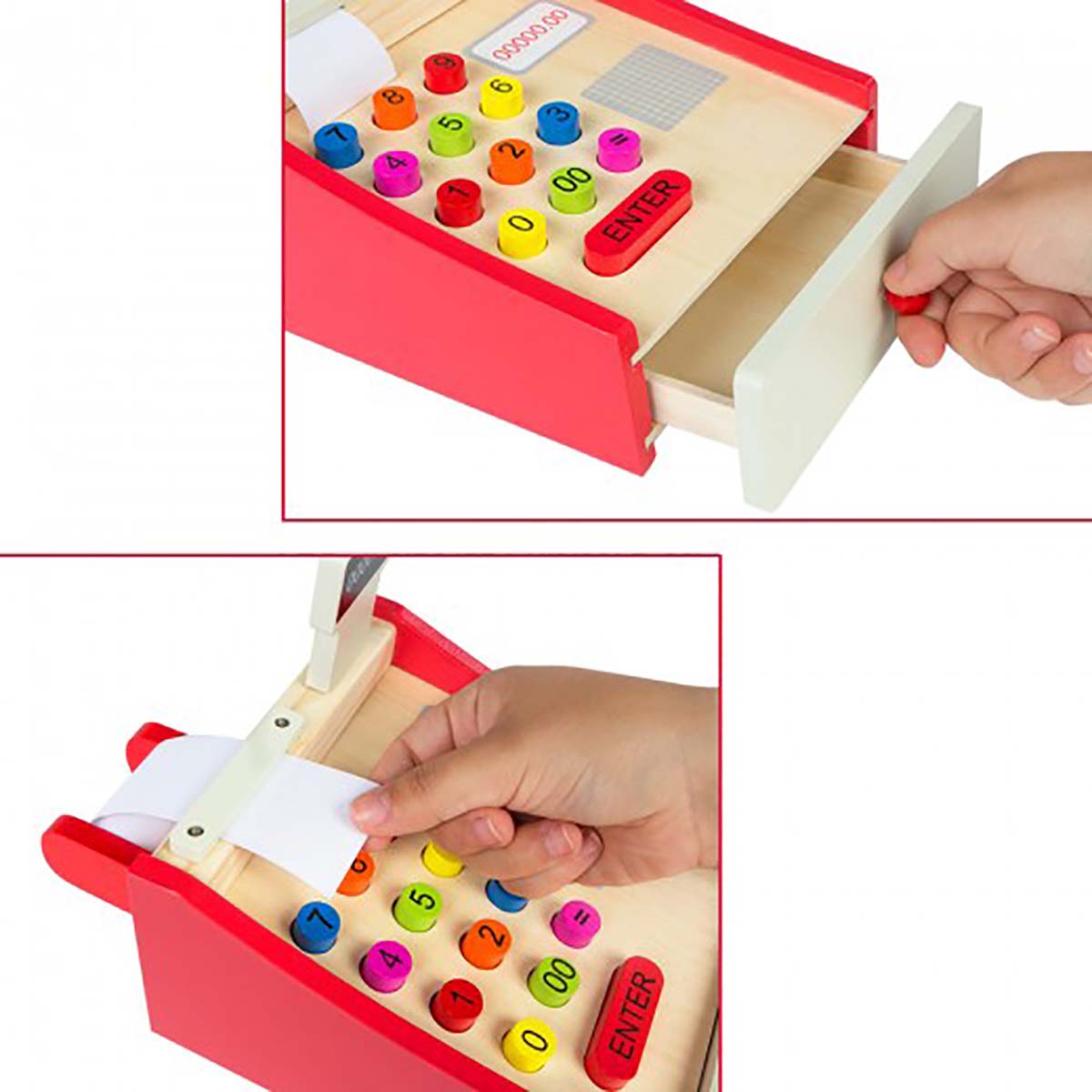 Caixa registadora vermelha de madeira com botões coloridos e gaveta aberta