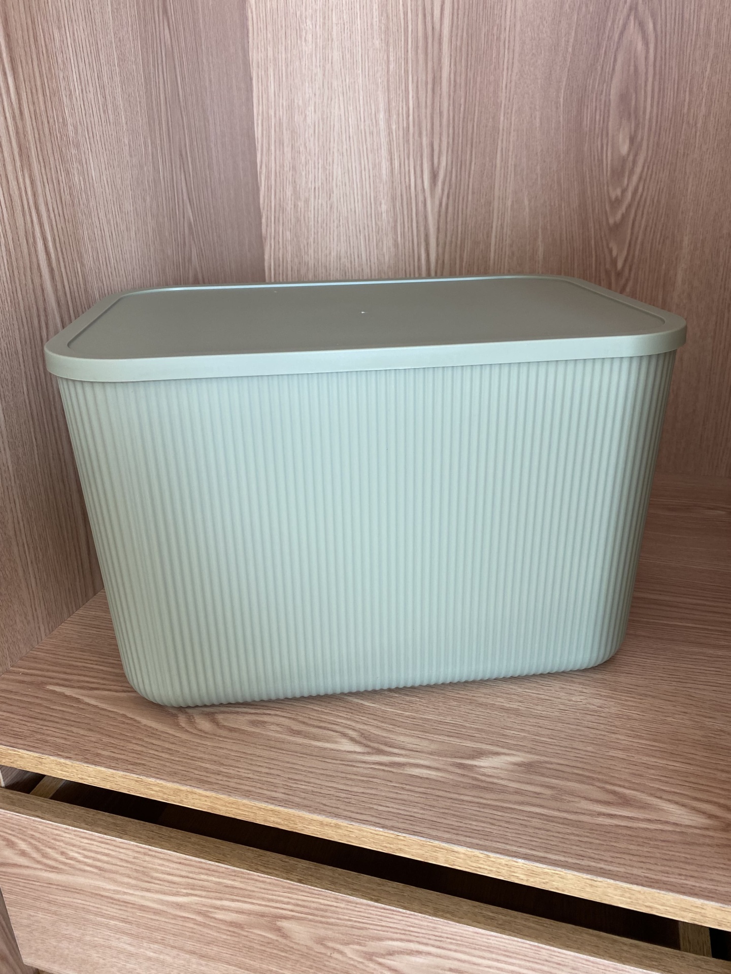 Caixa de arrumação verde claro com tampa numa prateleira de madeira